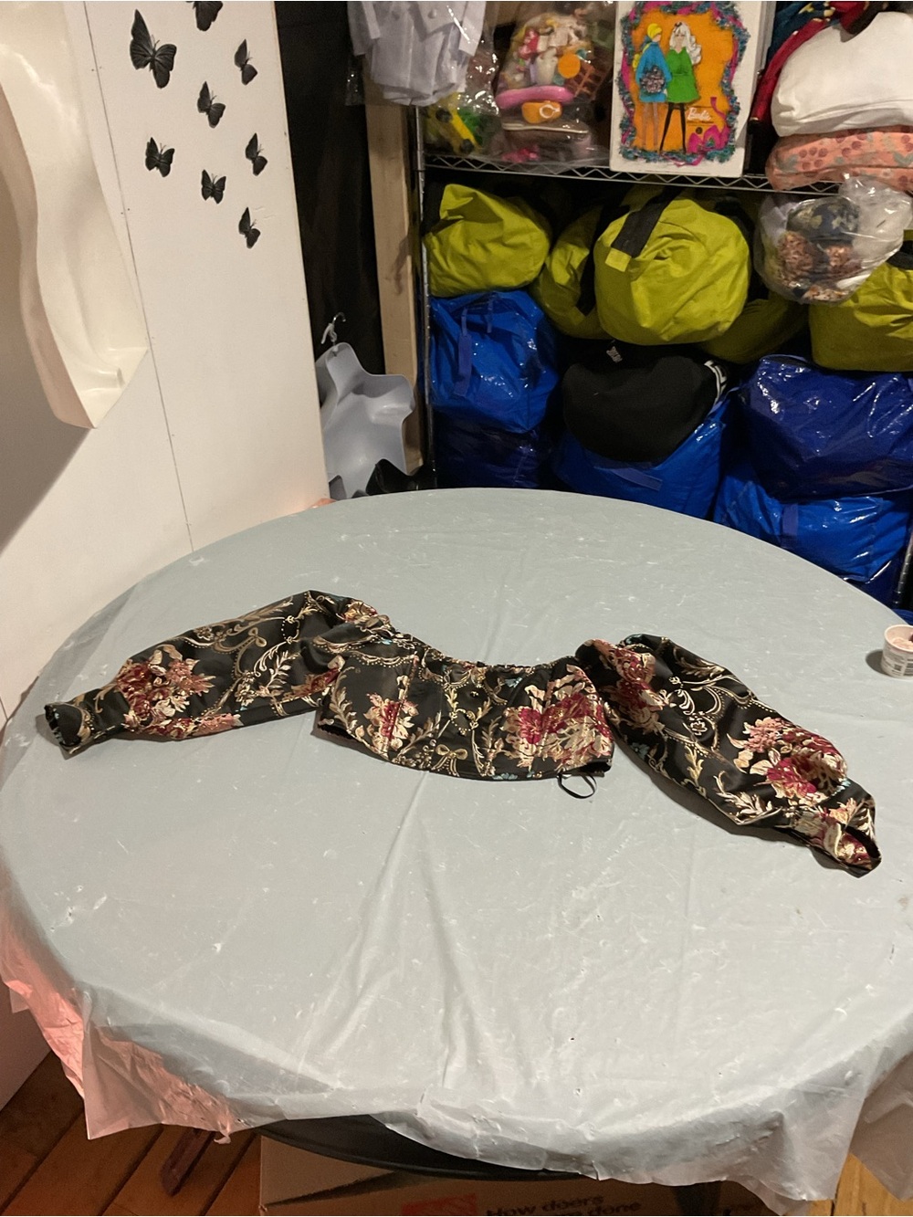 Floral Off-Shoulder Crop Top in Black with Burgundy and Gold Accents